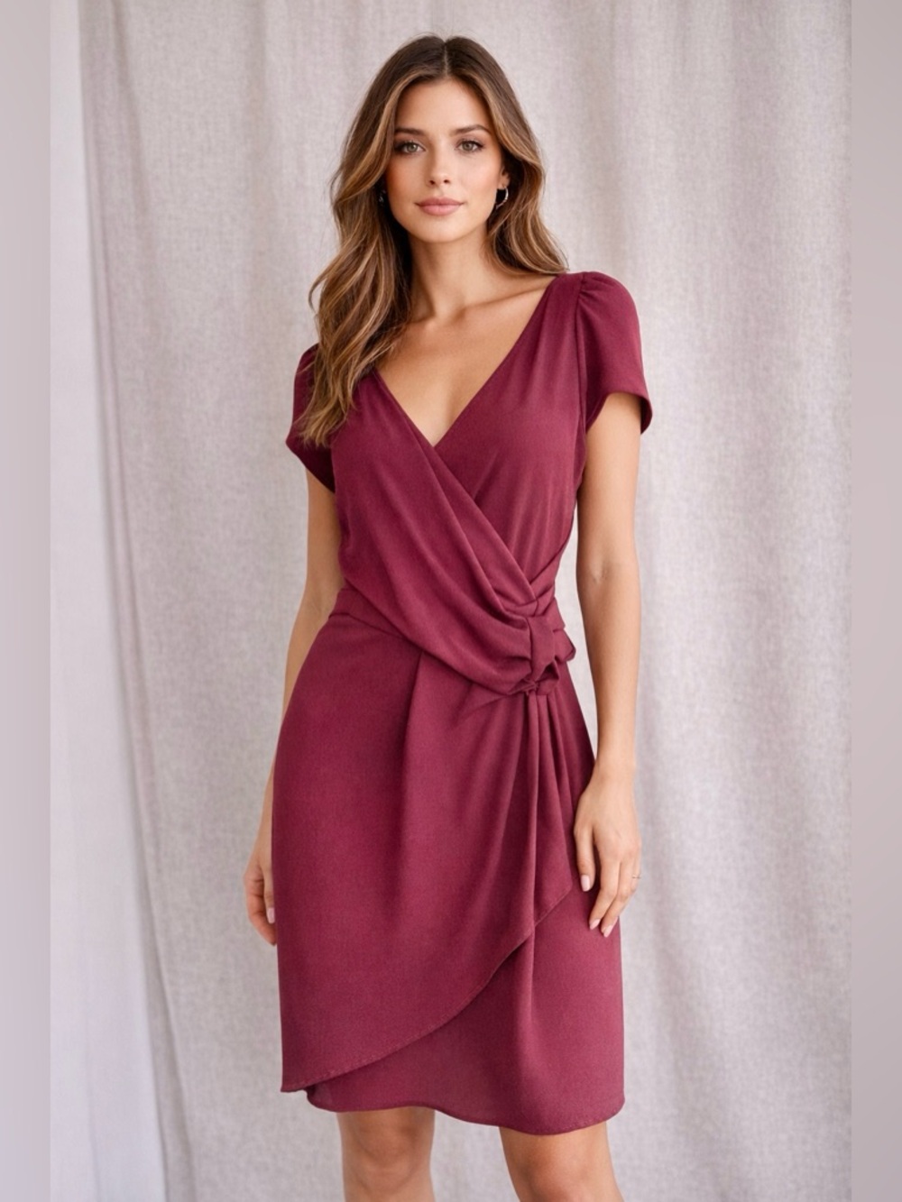 IKKS French Designer Burgundy Wrap Dress Size FR 42 US 10 V Neck Back